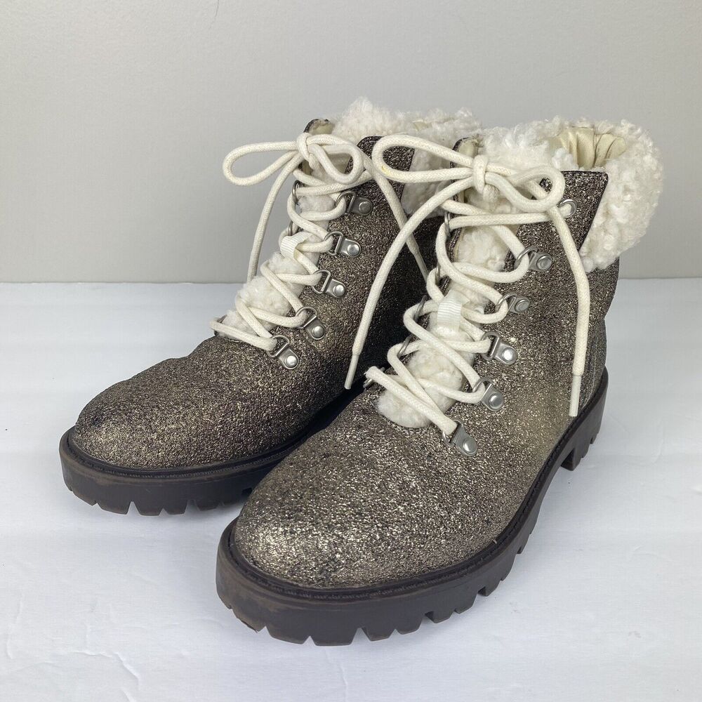Just Fab Metallic Lug Sole Boots Gold Sz 8 Furry Lining Outdoor Party
